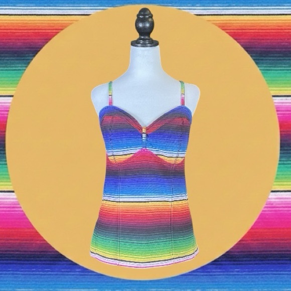 Royal Bones Tops - Royal Bones Rainbow Serape Striped 100% Cotton Spaghetti Strap Top XXL